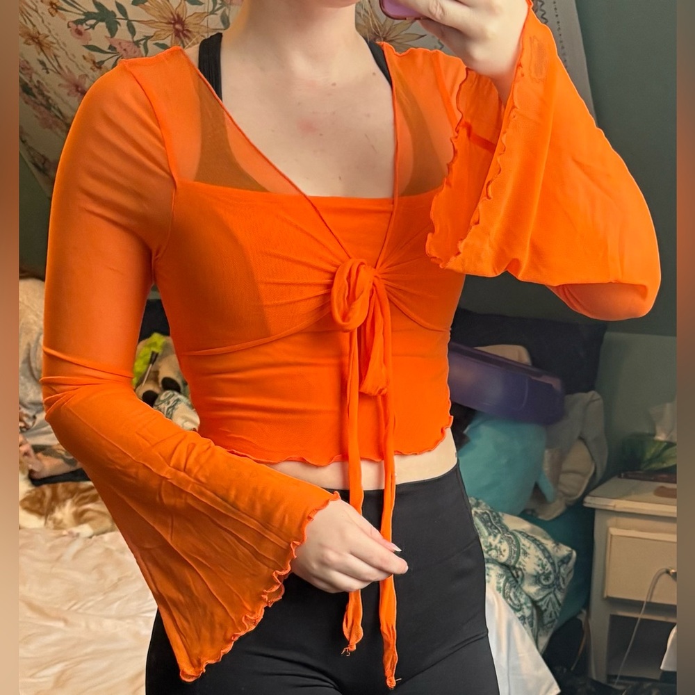 SHEIN Bright Orange Bell Sleeve Crop Top